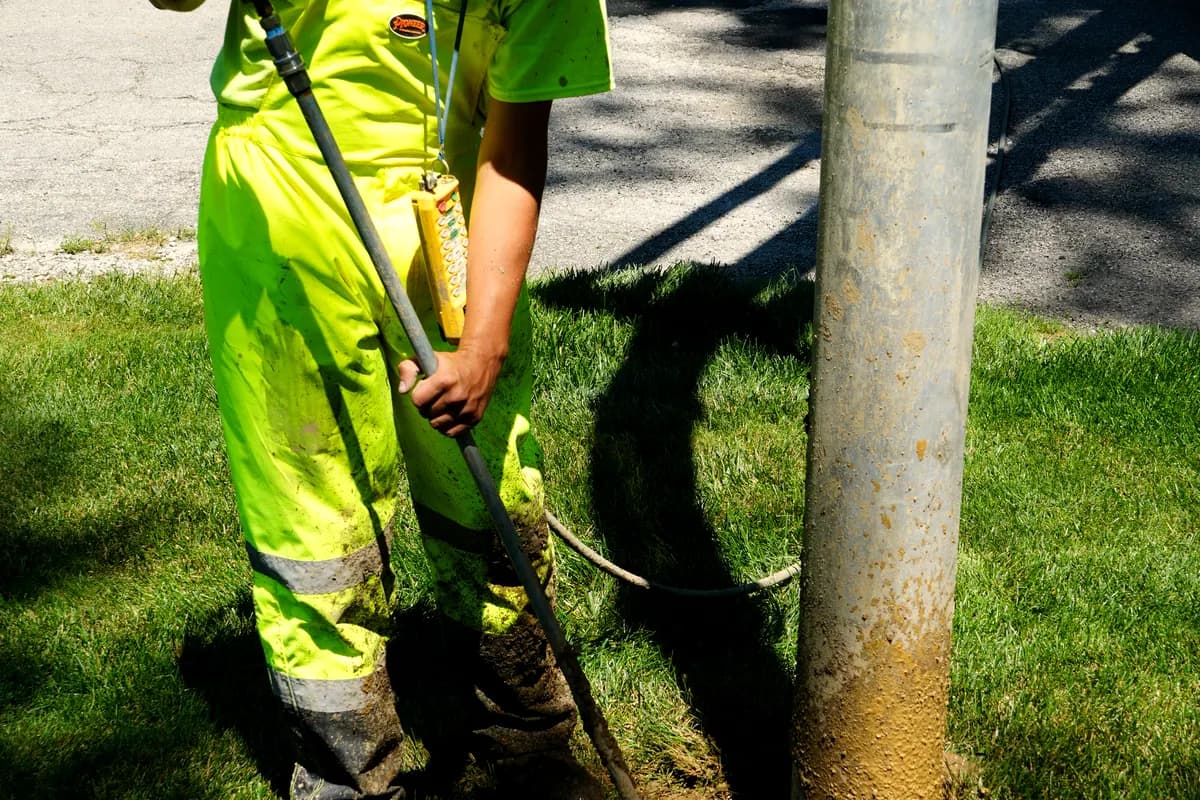 Close view of a crew member working the pressure wand into a pothole beside a pole.