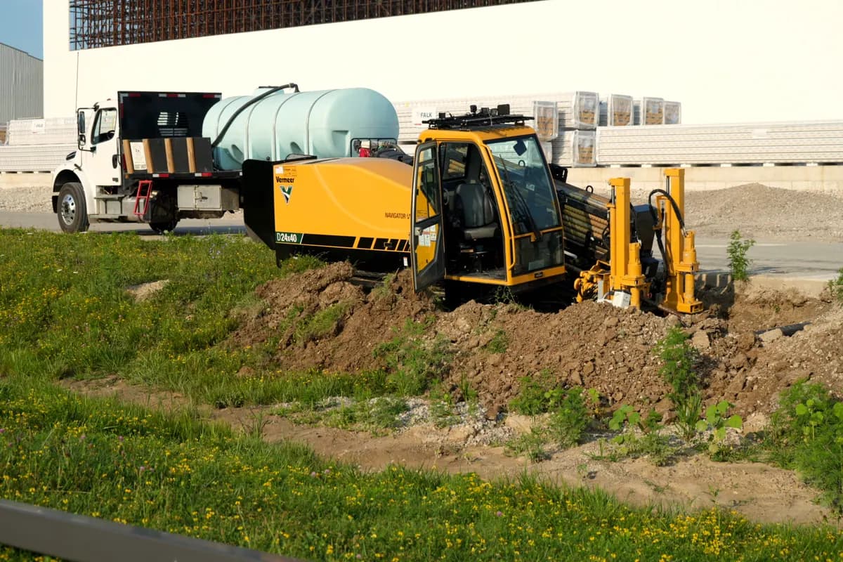 The D24x40 set up beside a commercial building with the water truck staged behind it.