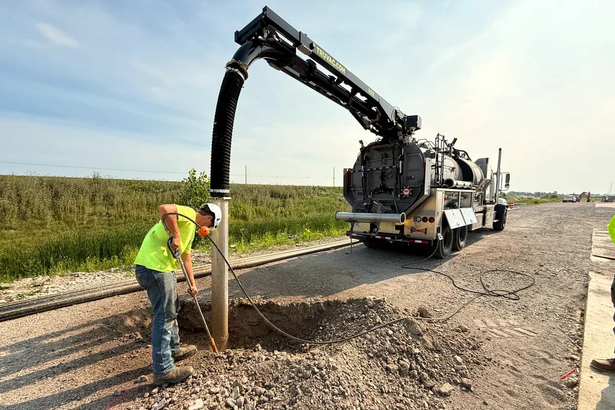 Hydro excavation alongside a rail crossing, exposing a steel casing next to the track.